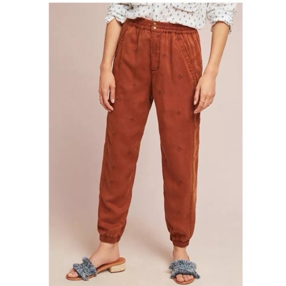 By Anthropologie Rowan Terracotta Embroidered Lyocell Boho Crop Joggers
